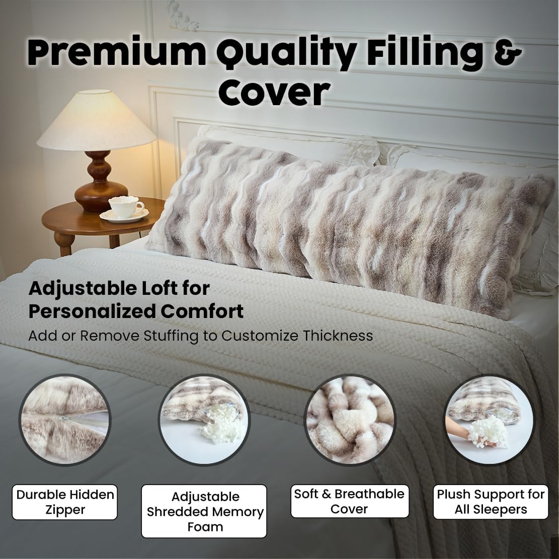 OMEO Winter Fluffy Full Body Pillow – Memory Foam Pregnancy Pillow, Nursing Pillow for Side Sleepers, Weighted Body Pillow for Adults, Soft Cow Print Cover