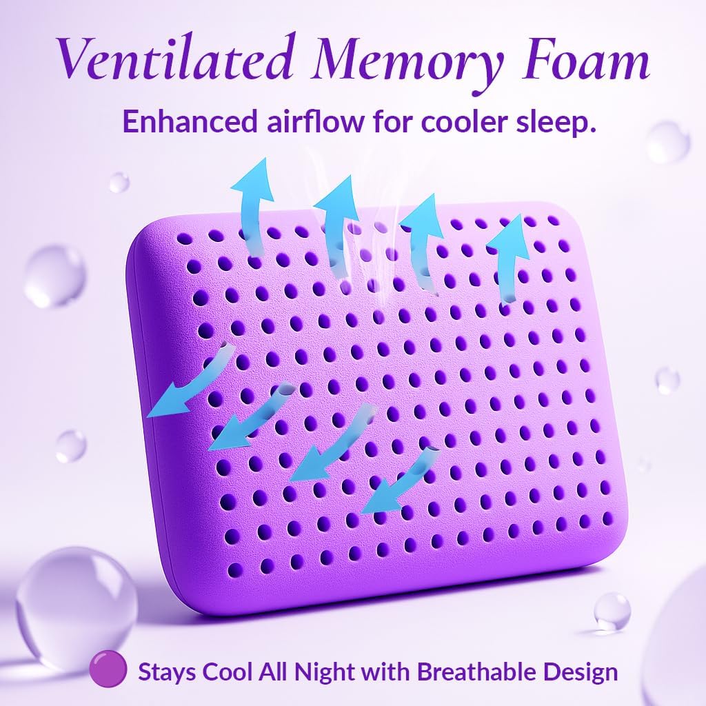 OMEO Lavender Scent Pillow, Ventilated Cooling Memory Foam Pillow for Back, Side and Stomach Sleepers Support, Sleeping Pillows for Adults - Home and Hotel Essentials