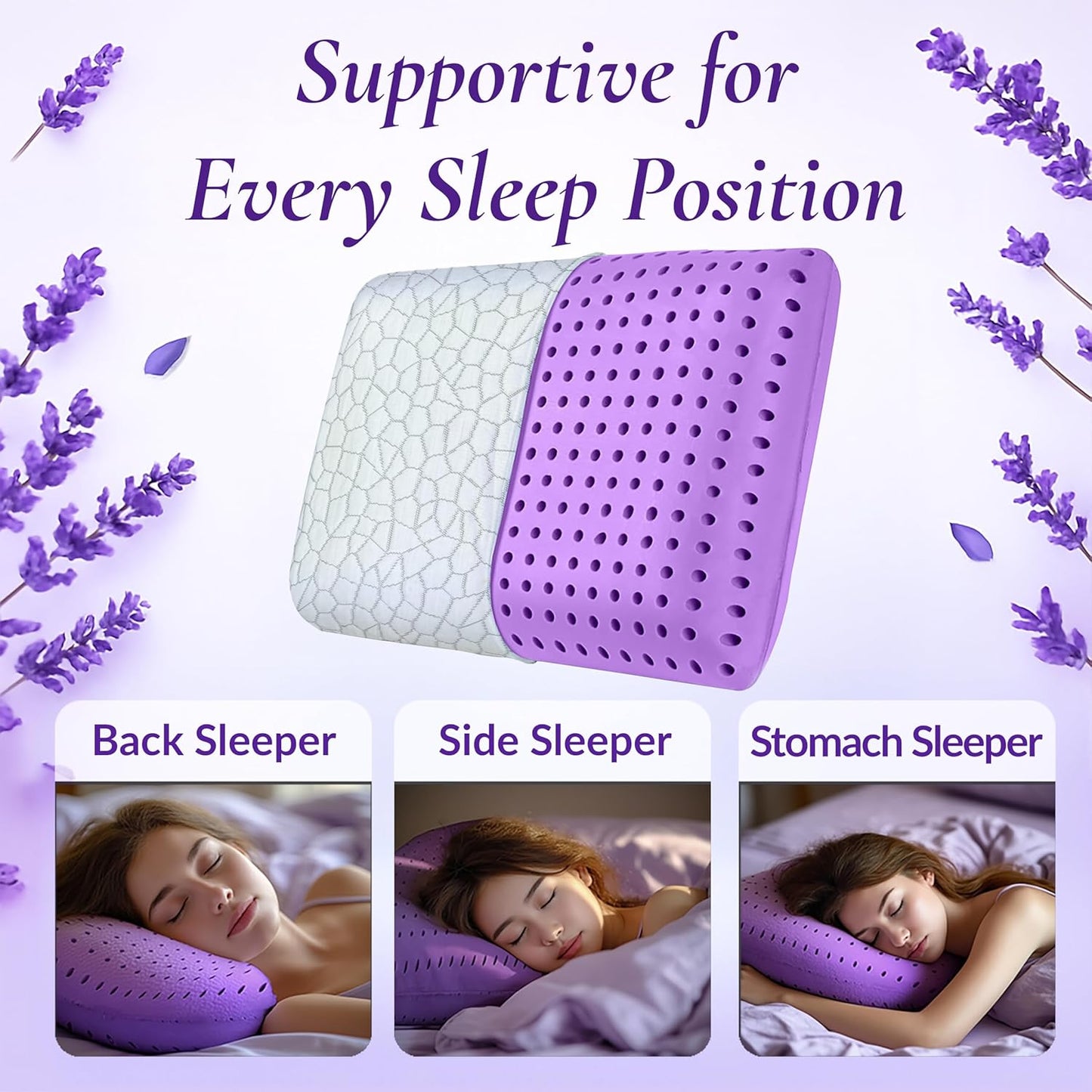 OMEO Lavender Scent Pillow, Ventilated Cooling Memory Foam Pillow for Back, Side and Stomach Sleepers Support, Sleeping Pillows for Adults - Home and Hotel Essentials