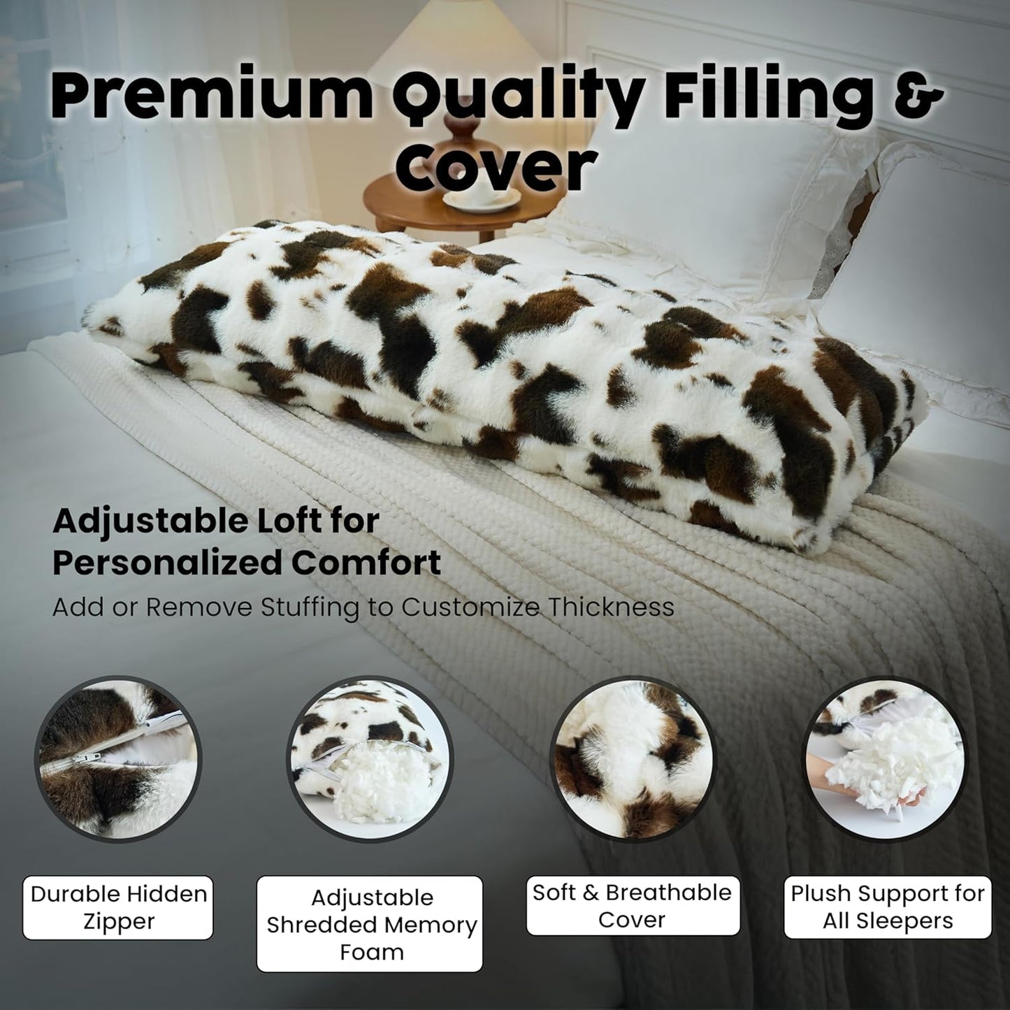 OMEO Winter Fluffy Full Body Pillow – Memory Foam Pregnancy Pillow, Nursing Pillow for Side Sleepers, Weighted Body Pillow for Adults, Soft Cow Print Cover