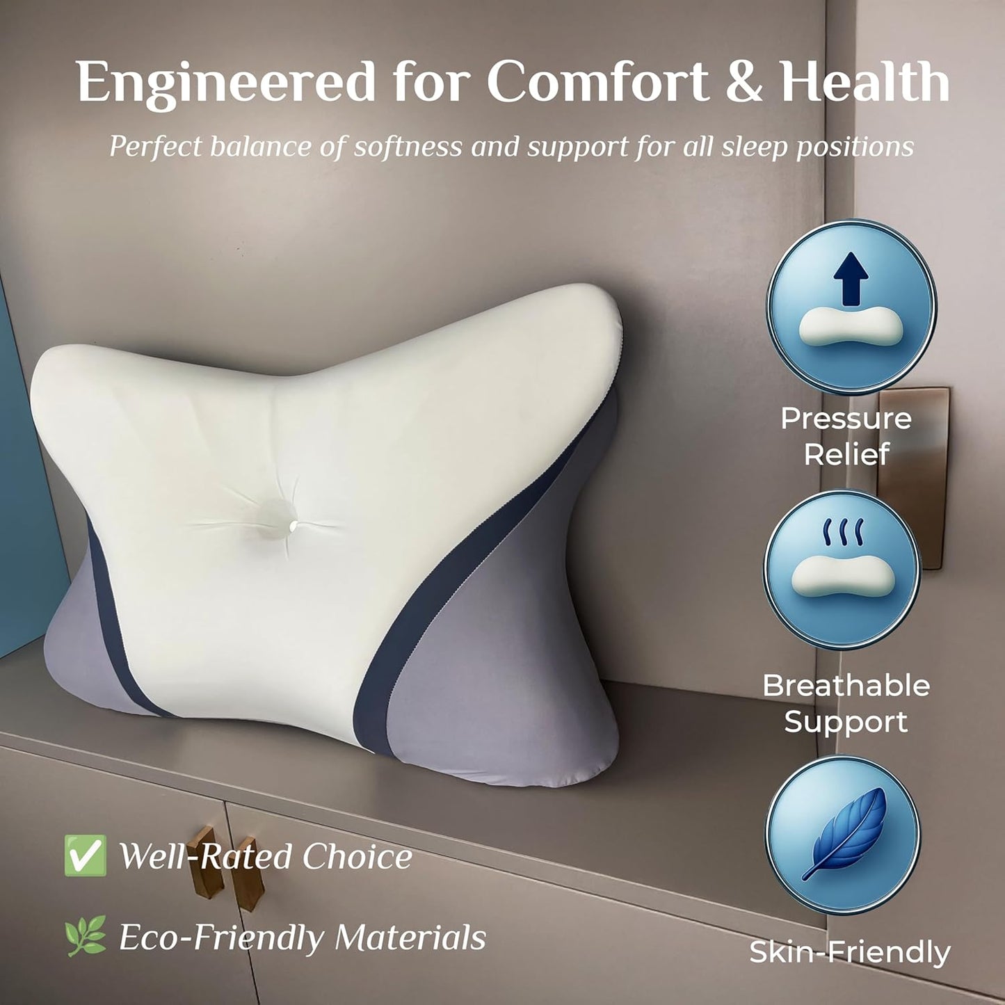 OMEO Cervical Neck Pillow for Pain Relief - Cooling Side Sleeper Pillow for Sleeping, Contour Orthopedic Bed Pillow for Back Stomach Sleepers, Ergonomic Memory Foam Pillows for Neck Support