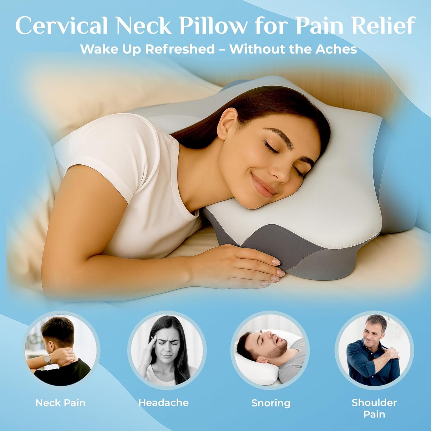 OMEO Cervical Neck Pillow for Pain Relief - Cooling Side Sleeper Pillow for Sleeping, Contour Orthopedic Bed Pillow for Back Stomach Sleepers, Ergonomic Memory Foam Pillows for Neck Support