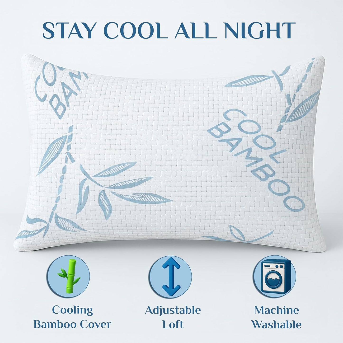 OMEO 2 Pack Queen Size Rayon Derived from Bamboo Pillow for Sleeping, Hypoallergenic Cooling Shredded Memory Foam Bed Pillows for Side, Back and Stomach Sleepers, Adjustable and Washable Cover