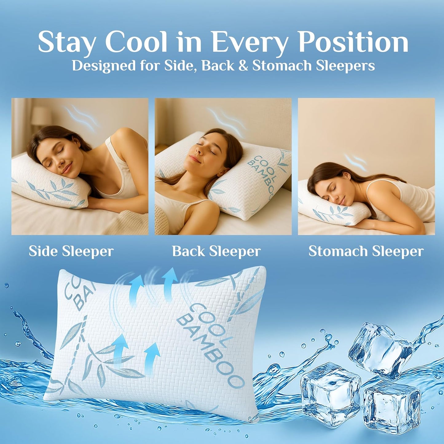 OMEO 2 Pack Queen Size Rayon Derived from Bamboo Pillow for Sleeping, Hypoallergenic Cooling Shredded Memory Foam Bed Pillows for Side, Back and Stomach Sleepers, Adjustable and Washable Cover