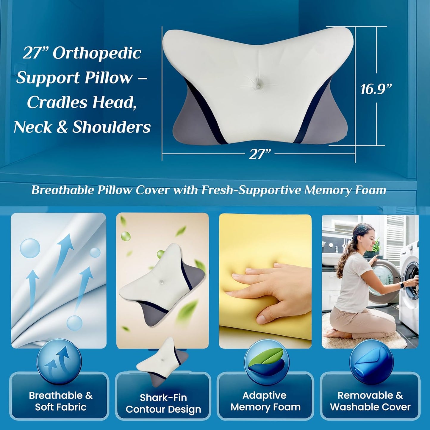 OMEO Cervical Neck Pillow for Pain Relief - Cooling Side Sleeper Pillow for Sleeping, Contour Orthopedic Bed Pillow for Back Stomach Sleepers, Ergonomic Memory Foam Pillows for Neck Support