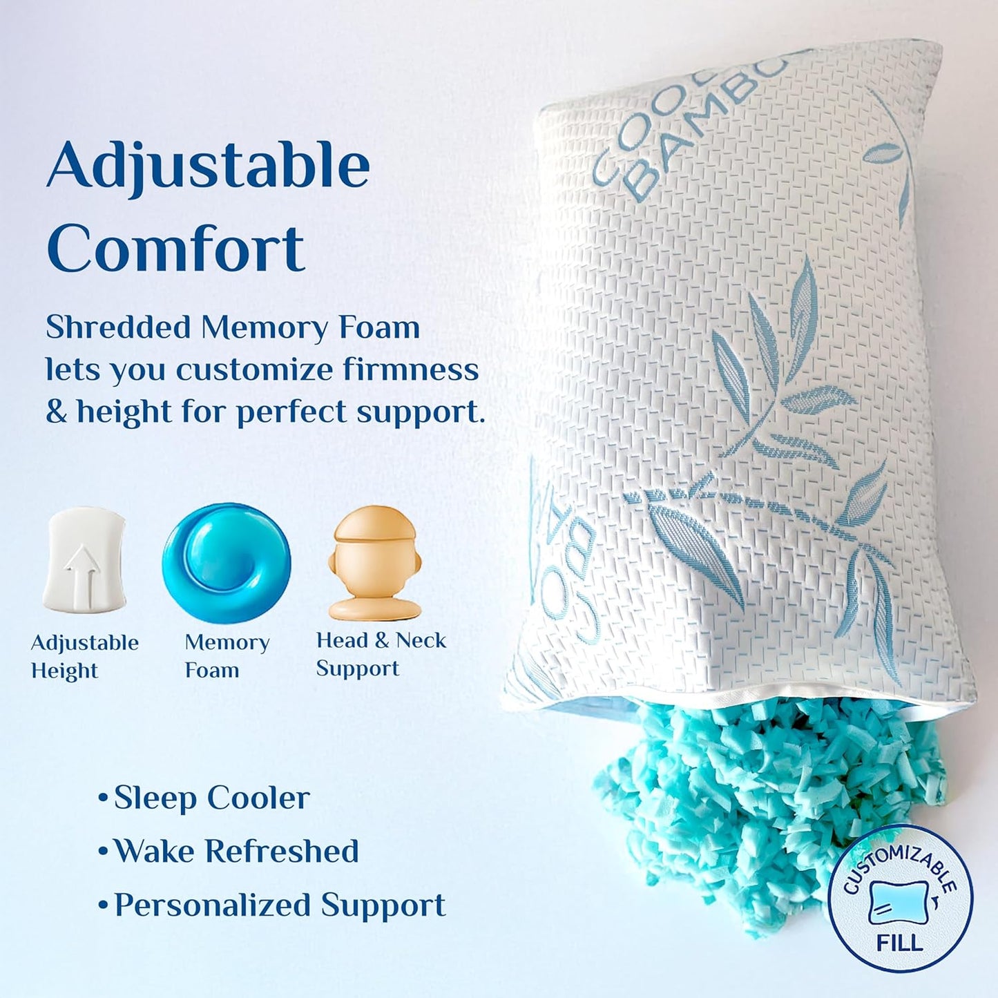 OMEO 2 Pack Queen Size Rayon Derived from Bamboo Pillow for Sleeping, Hypoallergenic Cooling Shredded Memory Foam Bed Pillows for Side, Back and Stomach Sleepers, Adjustable and Washable Cover