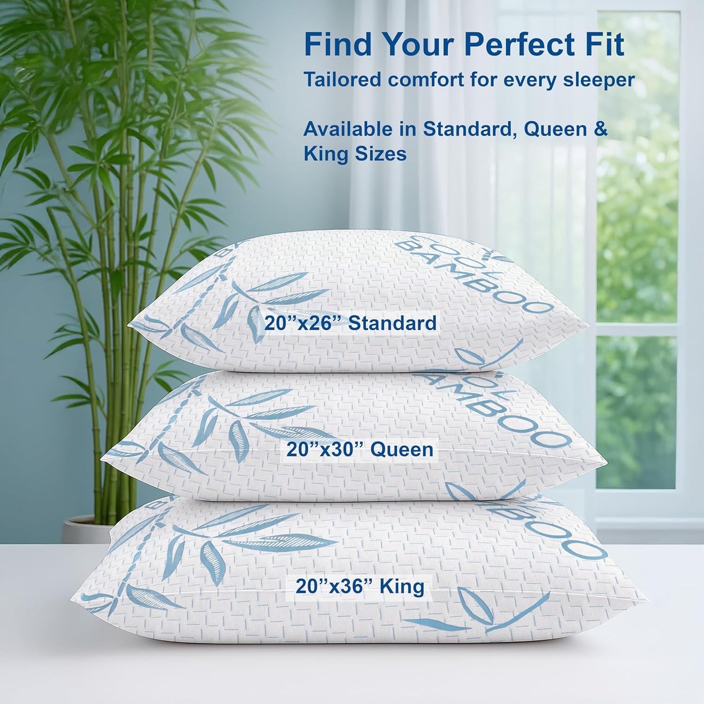 OMEO 2 Pack Queen Size Rayon Derived from Bamboo Pillow for Sleeping, Hypoallergenic Cooling Shredded Memory Foam Bed Pillows for Side, Back and Stomach Sleepers, Adjustable and Washable Cover