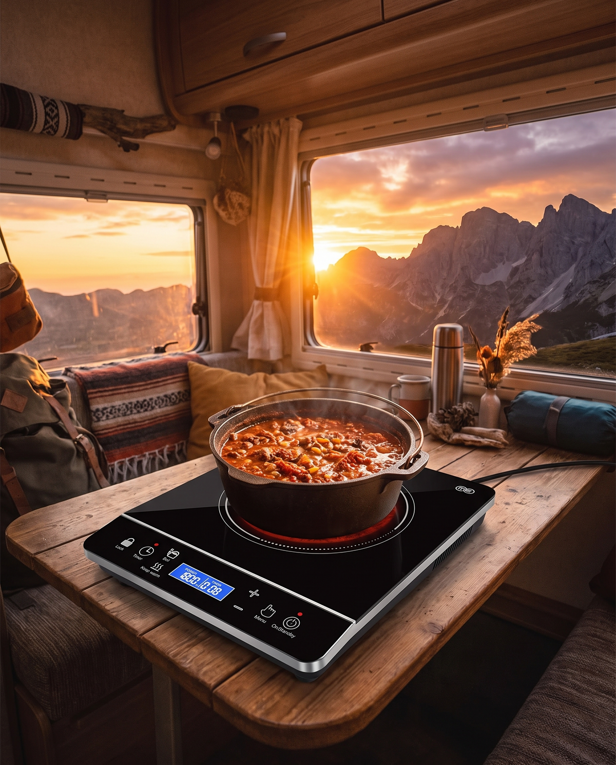 OMEO portable induction cooktop with a pot of chili inside an RV camper at sunset