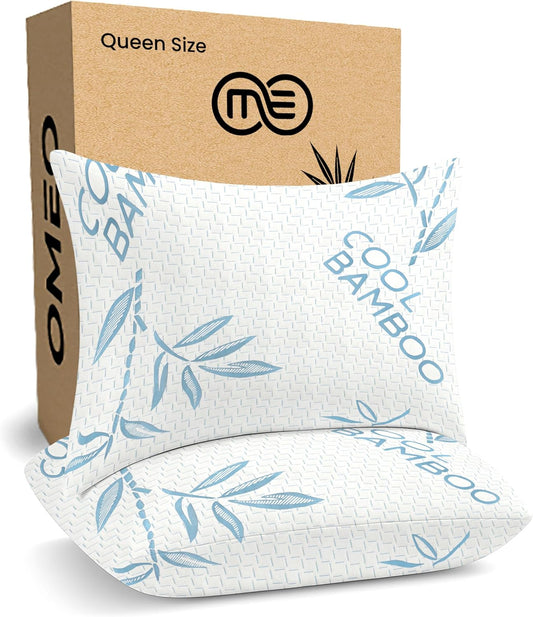OMEO 2 Pack Queen Size Rayon Derived from Bamboo Pillow for Sleeping, Hypoallergenic Cooling Shredded Memory Foam Bed Pillows for Side, Back and Stomach Sleepers, Adjustable and Washable Cover