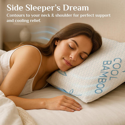 OMEO 2 Pack Queen Size Rayon Derived from Bamboo Pillow for Sleeping, Hypoallergenic Cooling Shredded Memory Foam Bed Pillows for Side, Back and Stomach Sleepers, Adjustable and Washable Cover