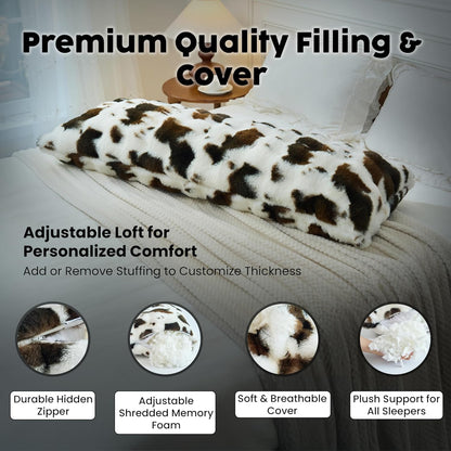 OMEO Winter Fluffy Full Body Pillow – Memory Foam Pregnancy Pillow, Nursing Pillow for Side Sleepers, Weighted Body Pillow for Adults, Soft Cow Print Cover