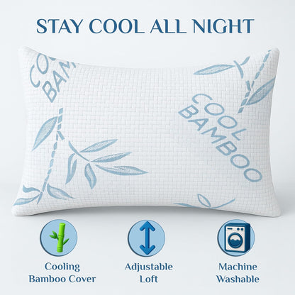 OMEO 2 Pack Queen Size Rayon Derived from Bamboo Pillow for Sleeping, Hypoallergenic Cooling Shredded Memory Foam Bed Pillows for Side, Back and Stomach Sleepers, Adjustable and Washable Cover