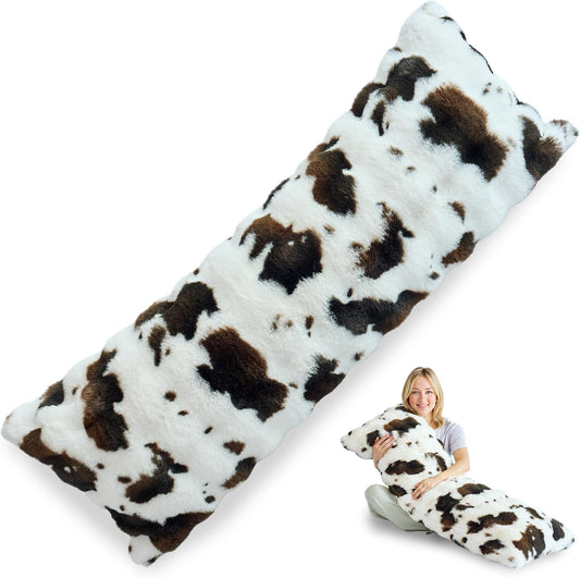 OMEO Winter Fluffy Full Body Pillow – Memory Foam Pregnancy Pillow, Nursing Pillow for Side Sleepers, Weighted Body Pillow for Adults, Soft Cow Print Cover