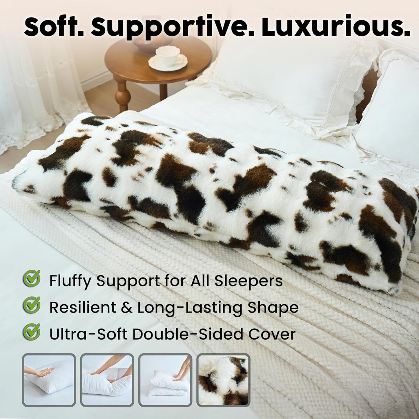 OMEO Winter Fluffy Full Body Pillow – Memory Foam Pregnancy Pillow, Nursing Pillow for Side Sleepers, Weighted Body Pillow for Adults, Soft Cow Print Cover
