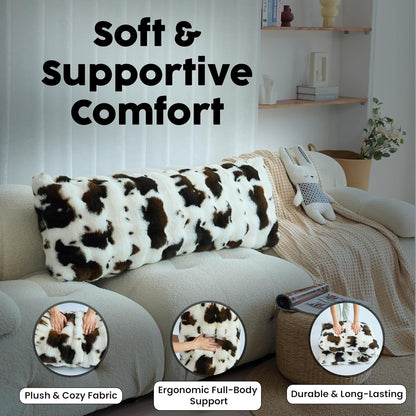 OMEO Winter Fluffy Full Body Pillow – Memory Foam Pregnancy Pillow, Nursing Pillow for Side Sleepers, Weighted Body Pillow for Adults, Soft Cow Print Cover