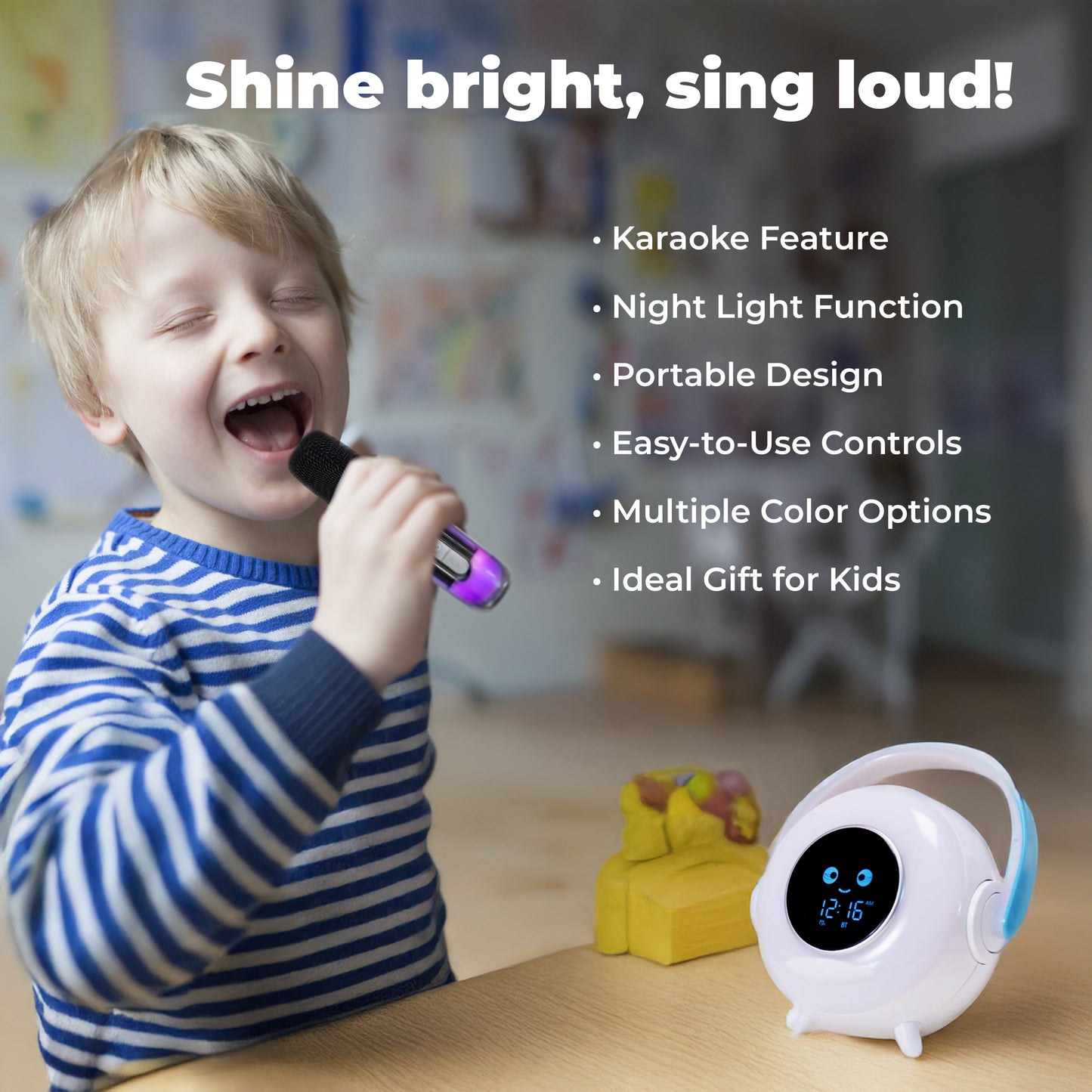 OMEO Alarm Clock for Kids, Sleeping Sound Machine and Microphone, Karaoke Night Lamp, Wake Up Night Light Sleep Training Clock for Toddlers, Gift Ideas for Children Boy Girl