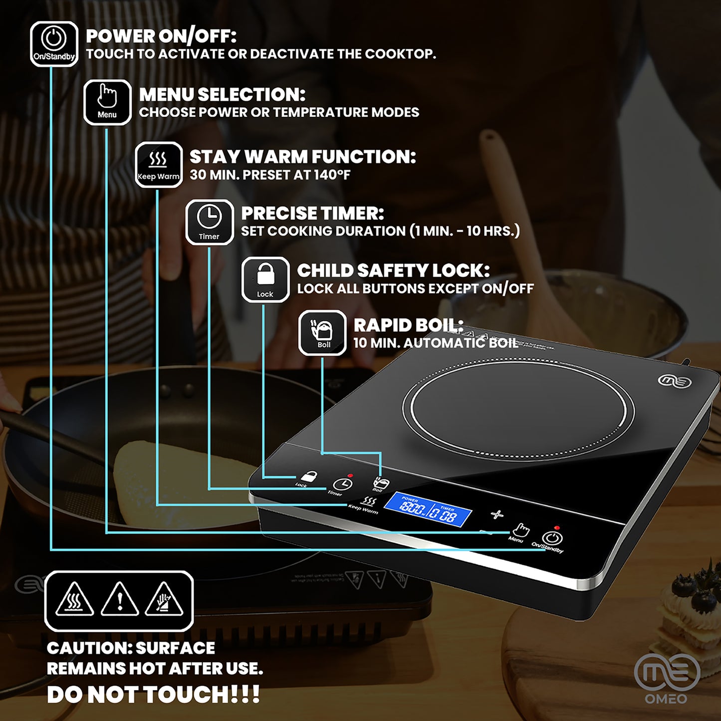 Image shows product parts labeled. Power, Menu, stay warm function, precise timer, child safety lock, rapid boil button, and warning signs that states surface remains hot after use.