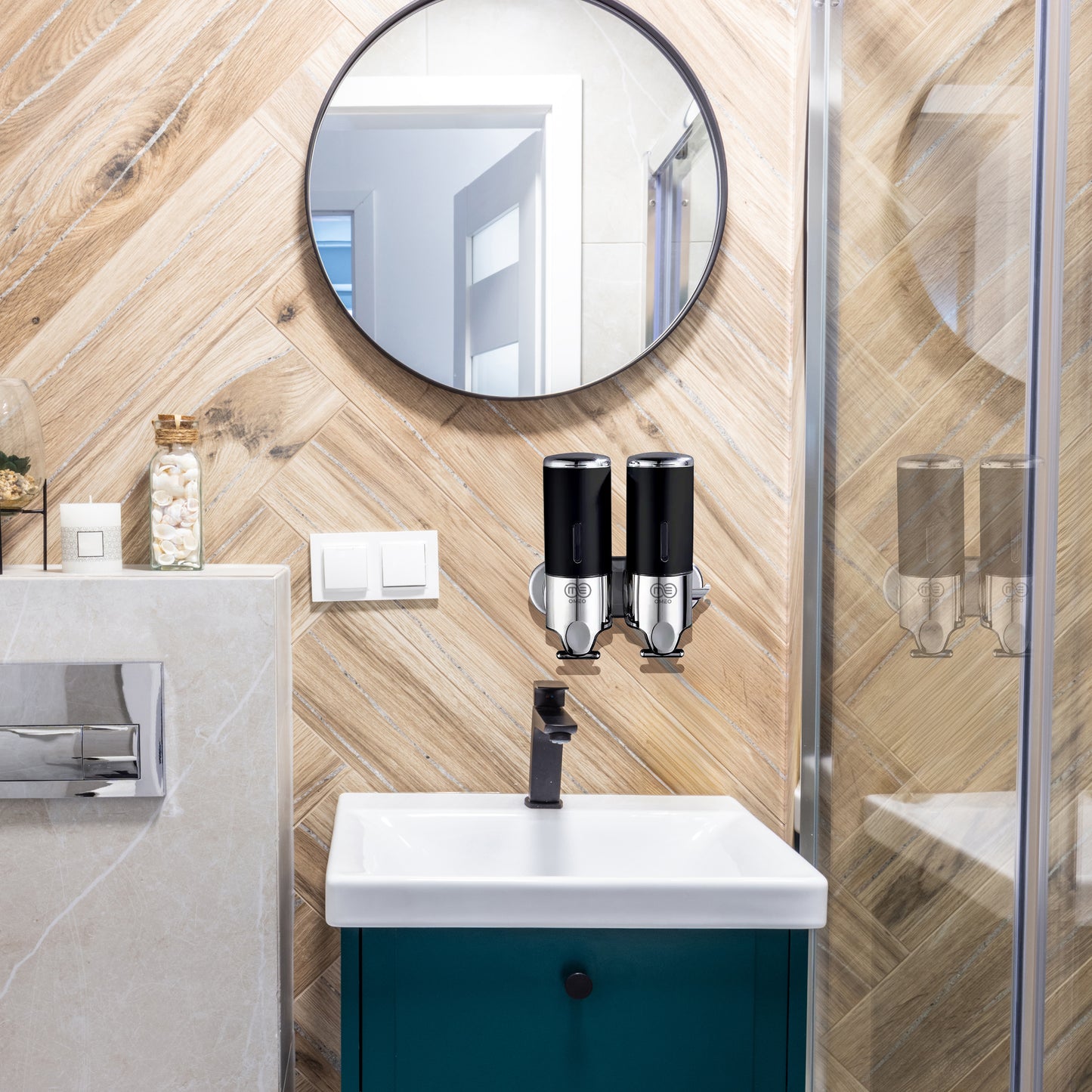 Black soap dispenser is hanged on the wall of bathroom.