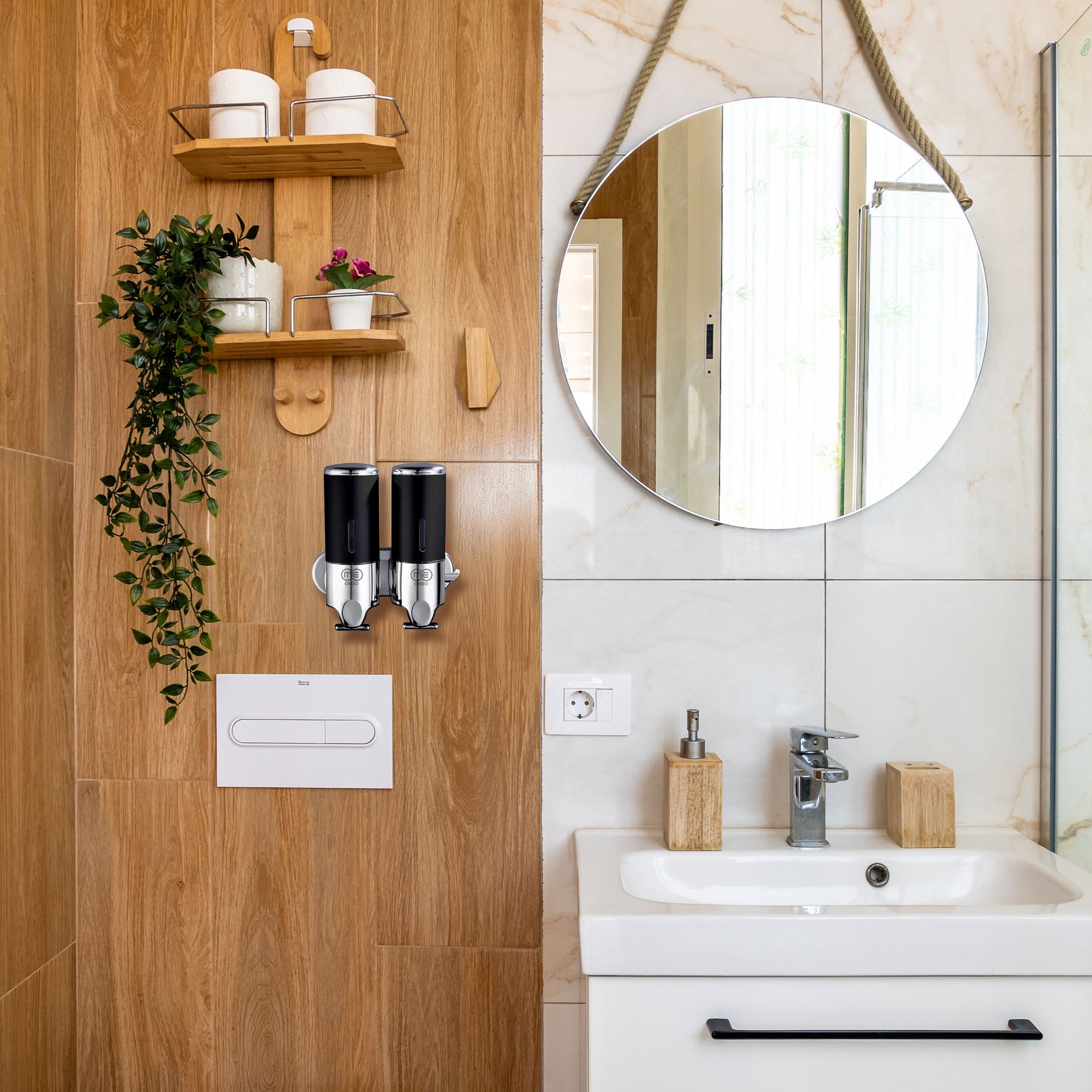 Soap and lotion dispensers black. Dispensers, hanged on the bathroom wall.