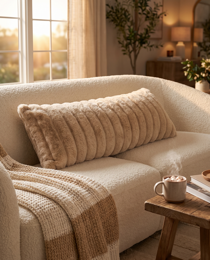 OMEO Winter Fluffy full body pillow in beige camel on a cream sofa with a knit throw and cocoa, cozy living room at golden hour