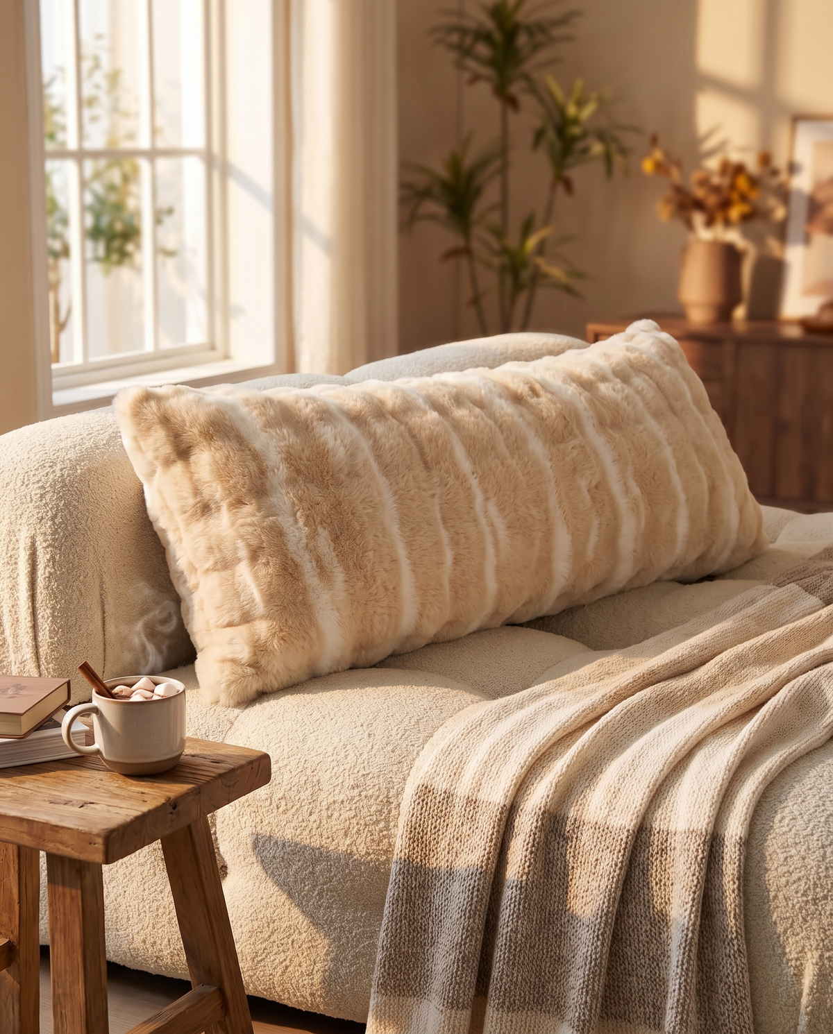 Plush OMEO Winter Fluffy body pillow on a living room sofa beside a wooden side table