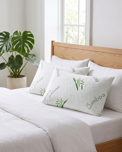 Two OMEO bamboo pillows with green leaf print on a white bed in a bright Scandinavian bedroom with an oak headboard