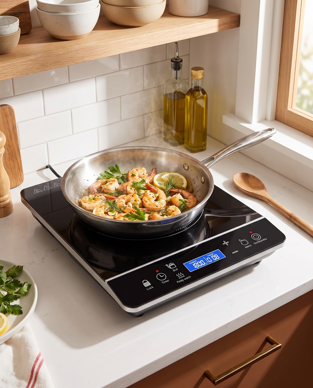 OMEO portable induction cooktop cooking garlic shrimp in a stainless pan on a small apartment kitchen counter