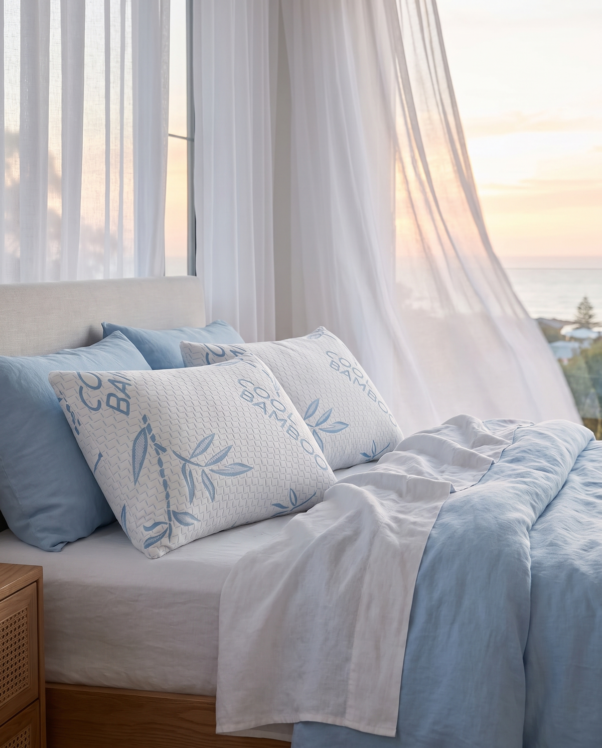 OMEO cooling bamboo pillows with blue leaf print on sky blue and white bedding in a bright coastal bedroom