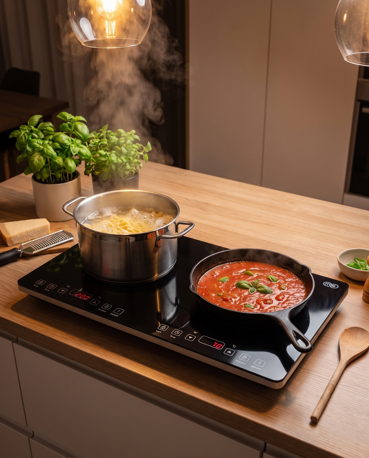 OMEO double induction cooktop boiling pasta and simmering tomato sauce at the same time on a kitchen island
