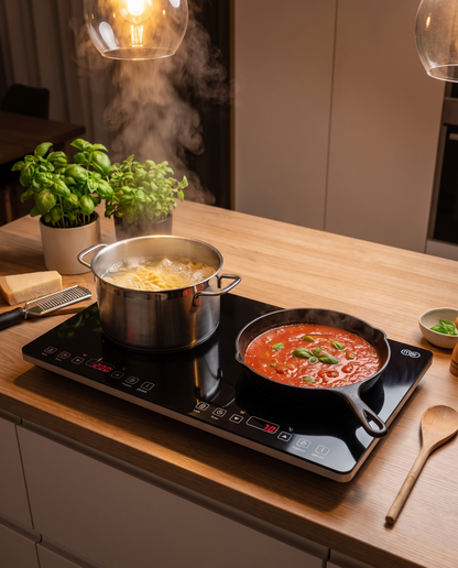 OMEO double induction cooktop boiling pasta and simmering tomato sauce at the same time on a kitchen island