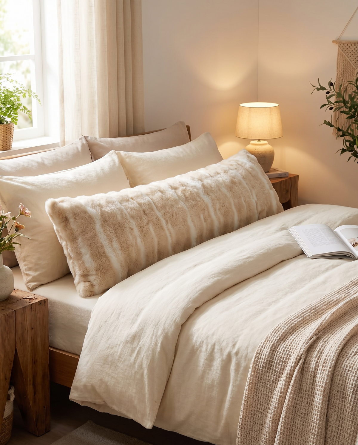 OMEO Winter Fluffy faux fur body pillow on a cream bed in a warm bedroom with a glowing bedside lamp