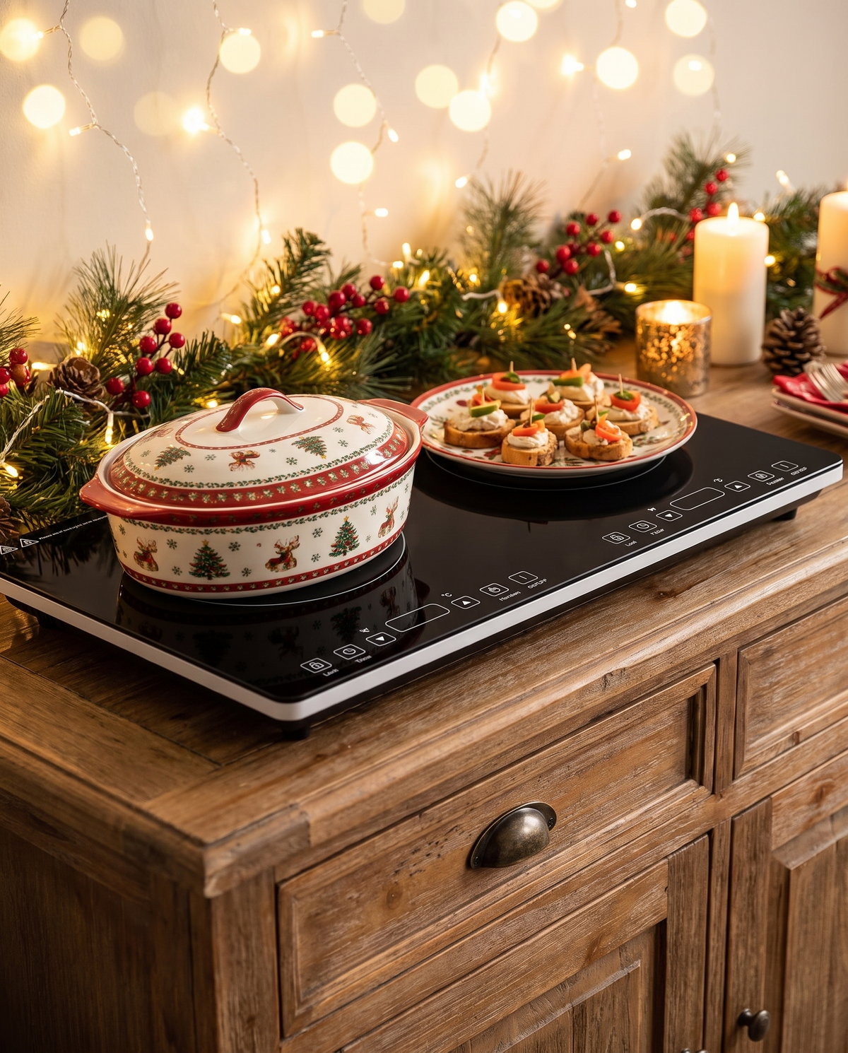 OMEO portable double induction cooktop keeping two dishes warm on a holiday buffet