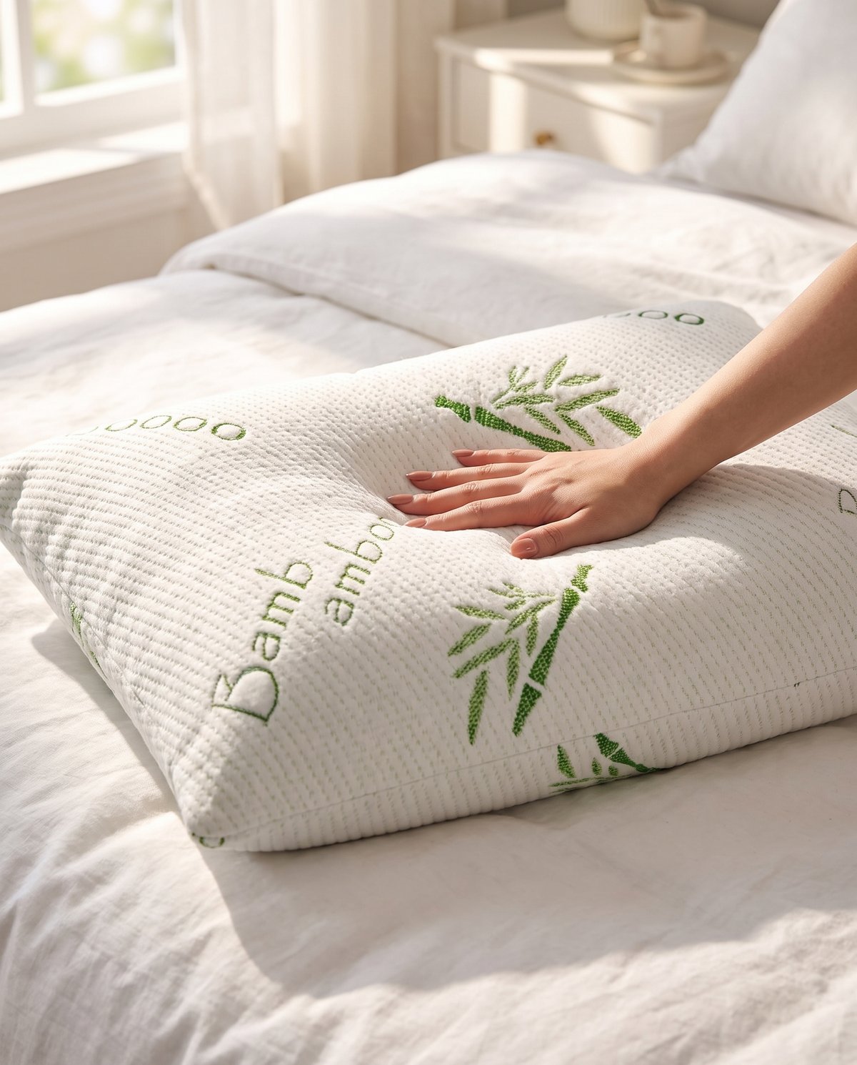 Hand pressing into a soft OMEO shredded memory foam bamboo pillow on white linen bedding