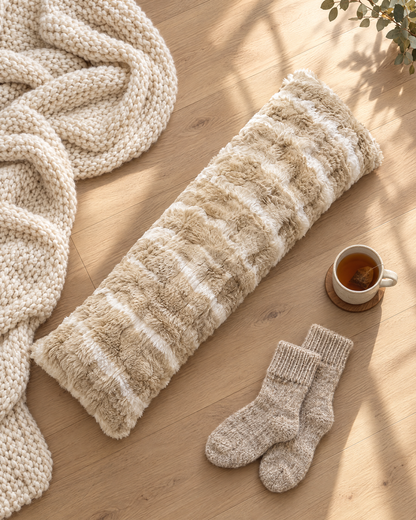 Top-down view of the OMEO Winter Fluffy body pillow in beige camel on an oak floor with a knit throw, wool socks and tea
