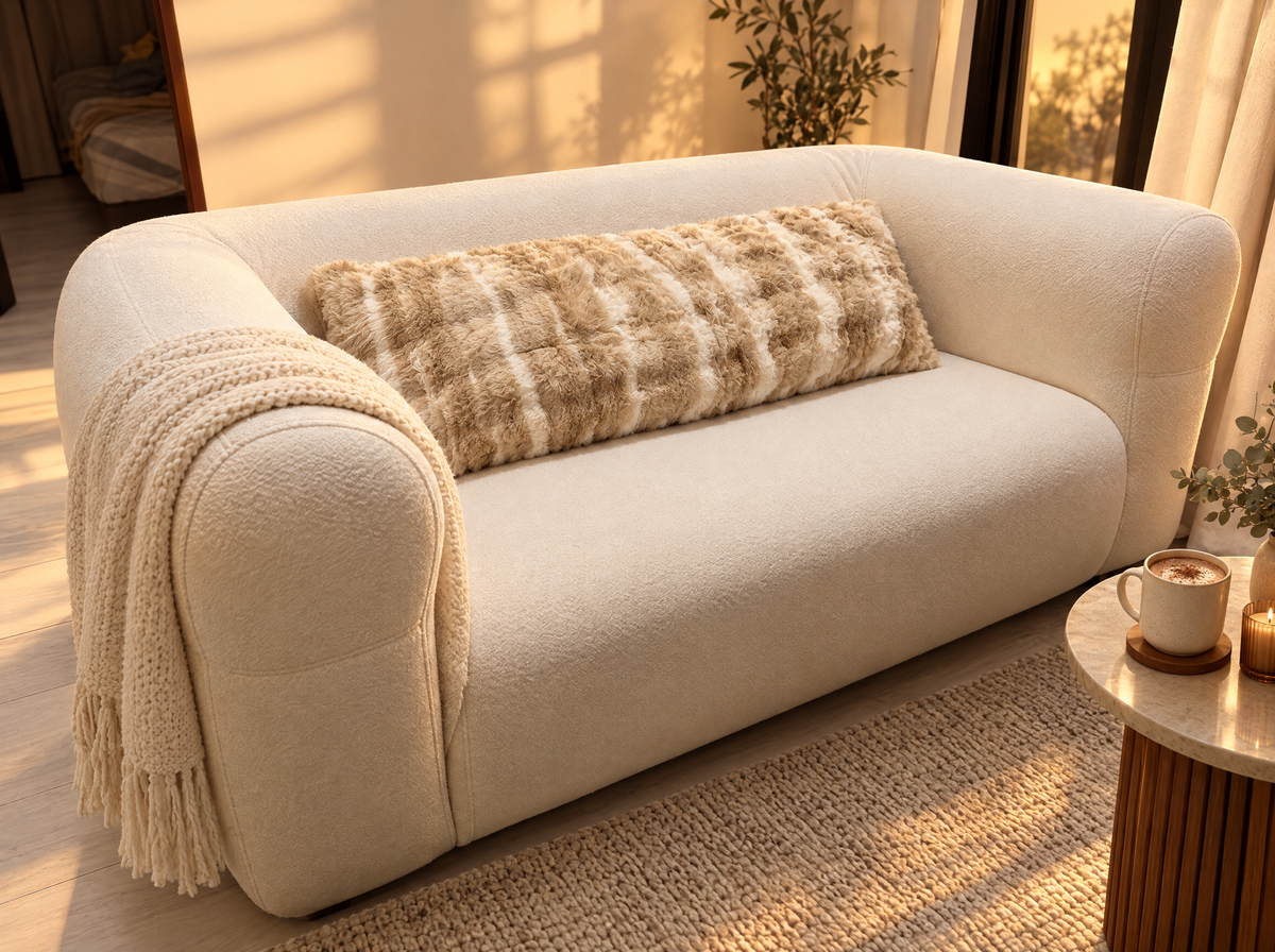 OMEO Winter Fluffy faux fur body pillow in beige camel on a cream boucle sofa with a knit throw and cocoa at sunset