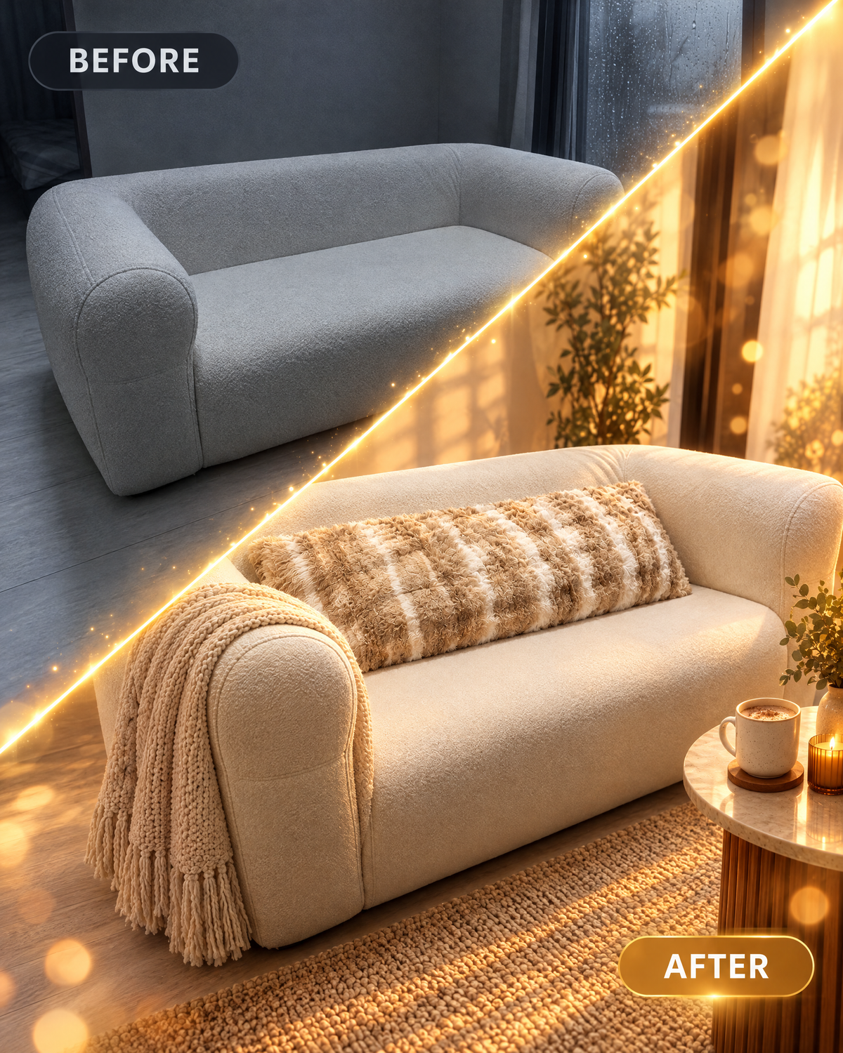 Before and after: an empty cream sofa transformed with the OMEO Winter Fluffy body pillow in beige camel, cozy golden light