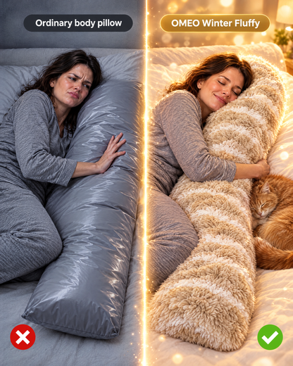 Hugging a stiff ordinary body pillow vs the soft, fluffy OMEO Winter Fluffy body pillow with a cat snuggled beside it