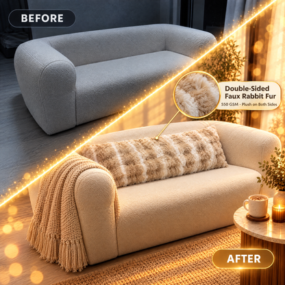 Before and after with the OMEO Winter Fluffy body pillow, double-sided 550 GSM faux rabbit fur, plush on both sides