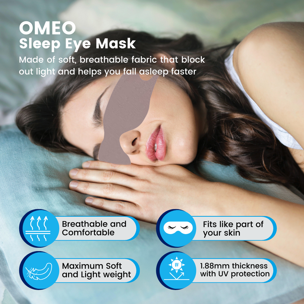 OMEO Sleep Eye Mask made of soft, breathable fabric that block out light and helps you fall asleep faster. Breathable and comfortable, fits like part of your skin, maximum soft and light weight, 1.88mm thickness with UV protection.