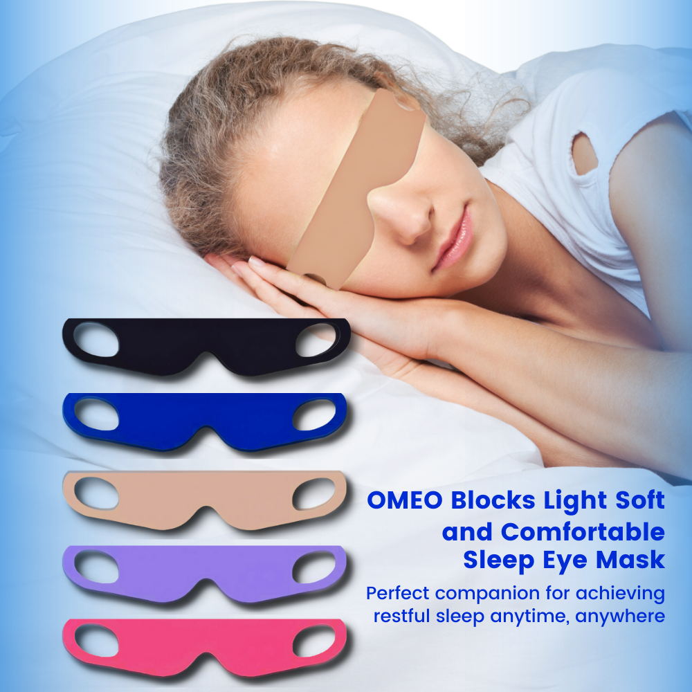 Shows 5 colors of OMEO Sleep Eye Mask - Blocks light soft and comfortable. Perfect companion for achieving restful sleep anytime, anywhere.