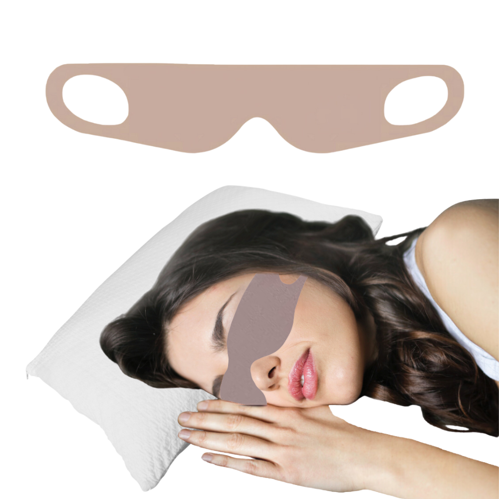 Sleep eye mask brown main image, girl sleeping using the brown eye mask. Plain white background.